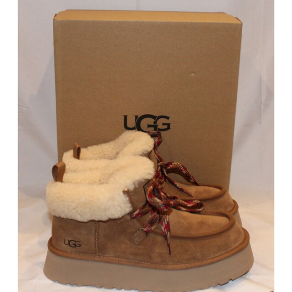 UGG FUNKARRA CUFF CHESTNUT SUEDE SHEEPSKIN PLATFORM SHOE BOOTS SIZE‎ 9 WOMEN - Picture 2 of 6